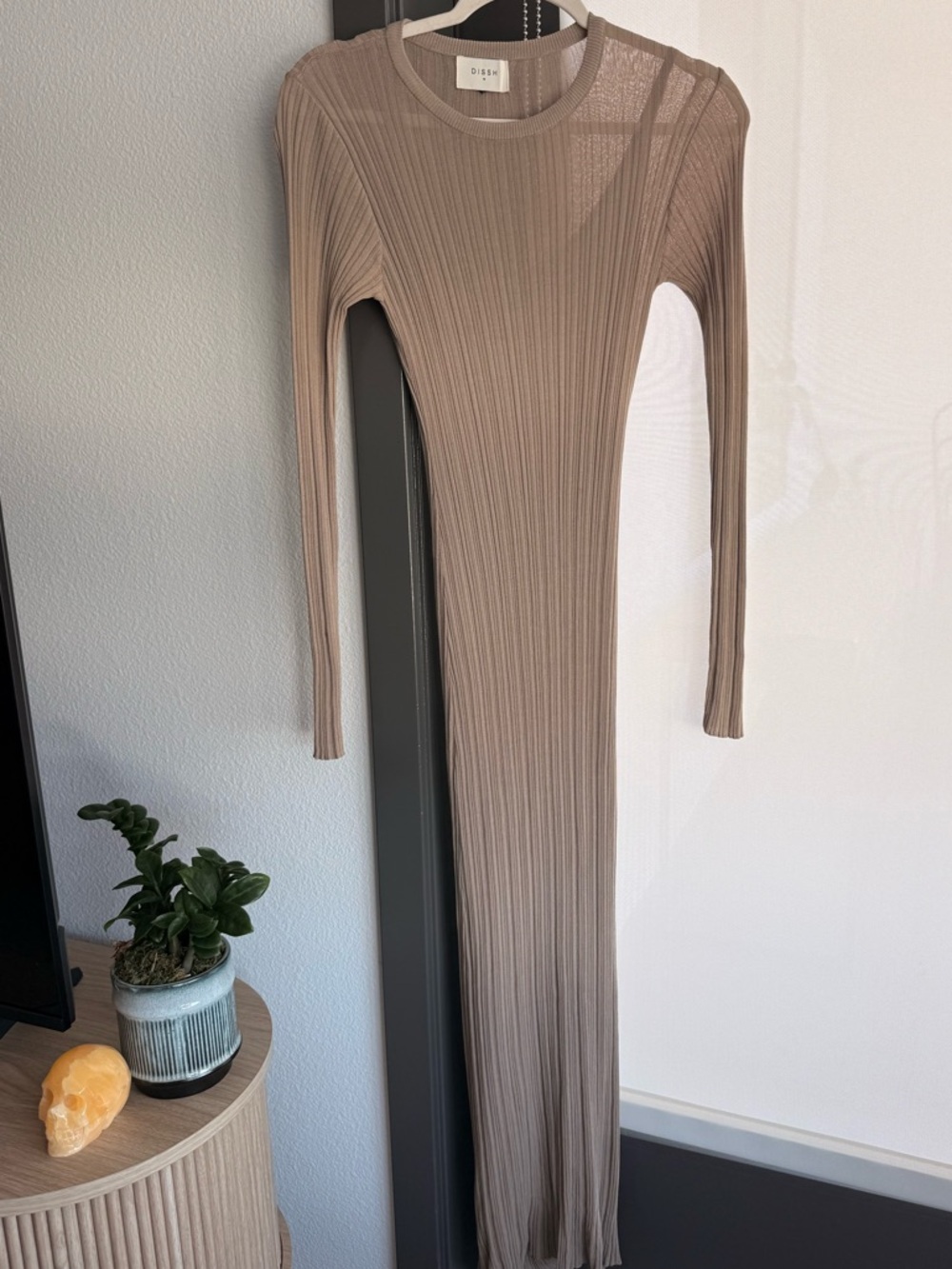 DISSH Long Sleeve Ribbed Maxi Dress in Taupe
